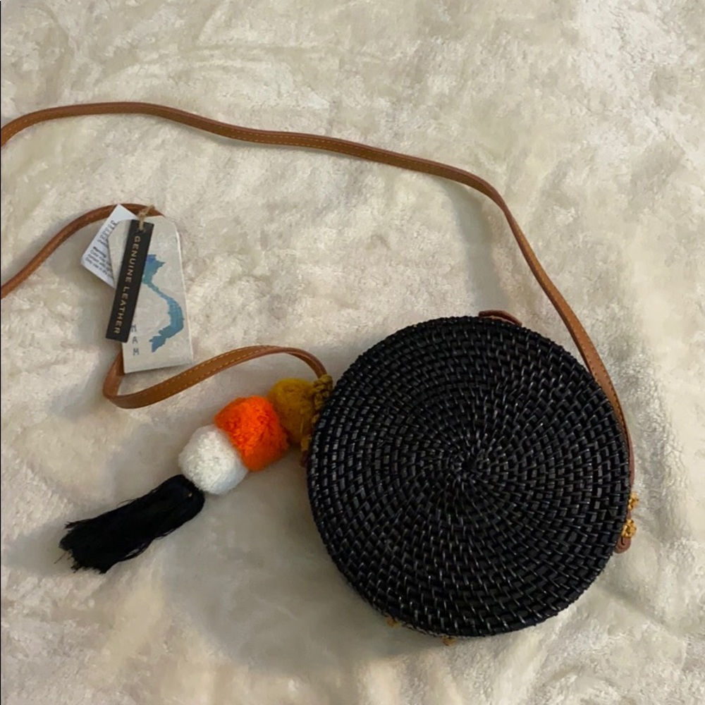 🆕Black Wicker Circle Purse with Black/White Dots
